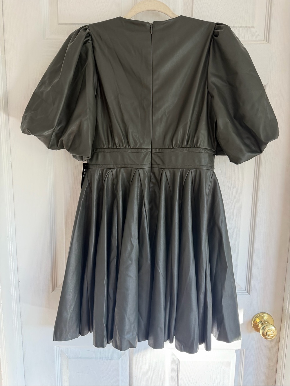 NWT Express Olive Puff Sleeve Faux Leather Mini Dress - Picture 8 of 9